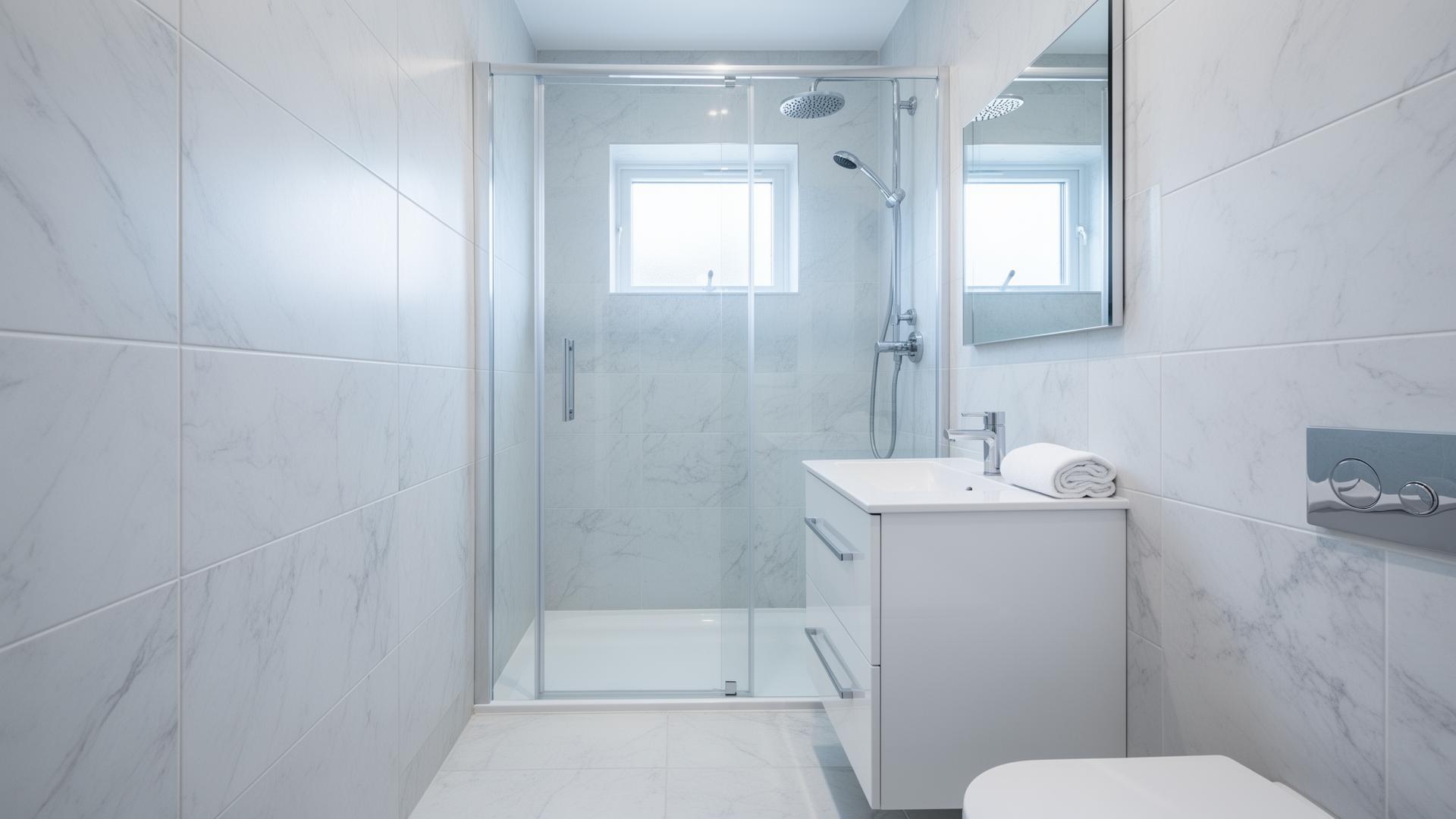 Finished compact en-suite with floating oak vanity, walk-in glass shower and rainfall head — recent Total Flow Services en-suite installation in Kent