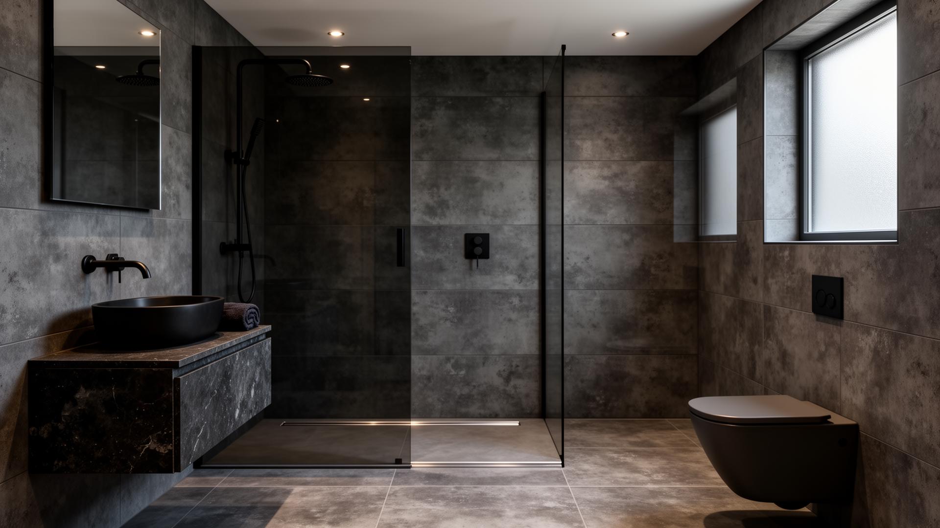 Finished wet room with tanked walls, linear drain, frameless glass screen and floating oak vanity — recent Total Flow Services wet room installation in Kent